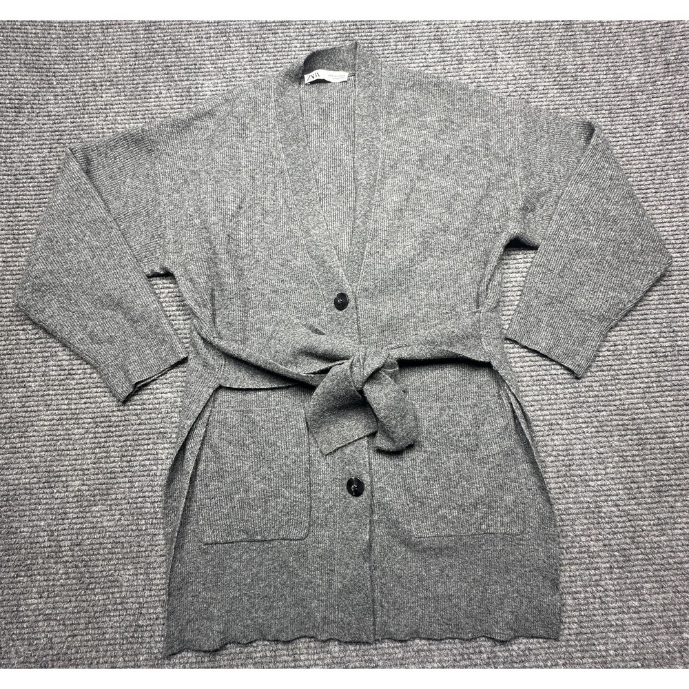 Zara Cardigan Sweater Womens‎ Small Gray Belted V Neck Longline Knit Pockets